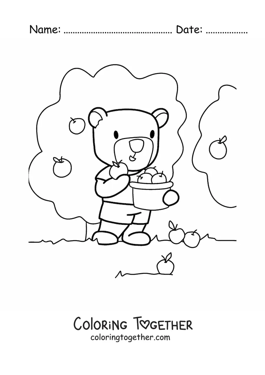 Coloring page of an animated bear picking apples on a farm
