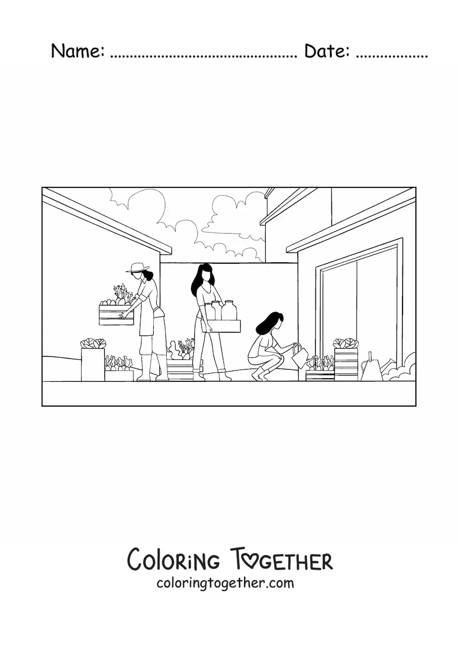 Coloring page of women doing farming activities