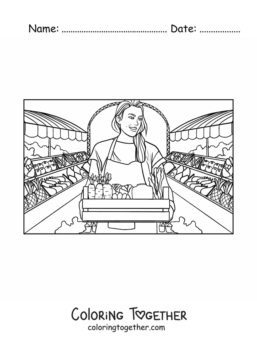 Coloring page of a girl taking her harvested fruits to the market