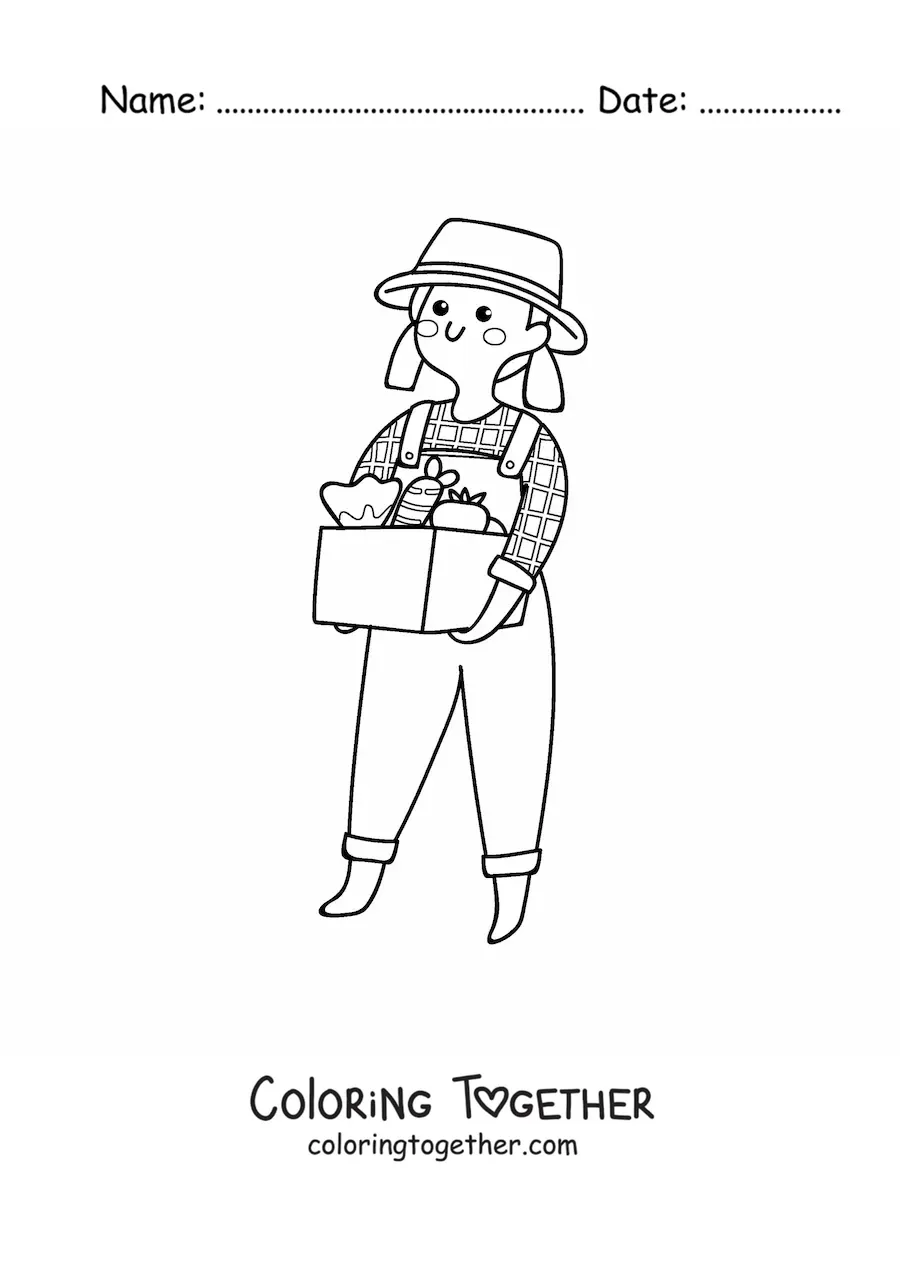 Coloring page of a cute woman farmer with harvested fruits