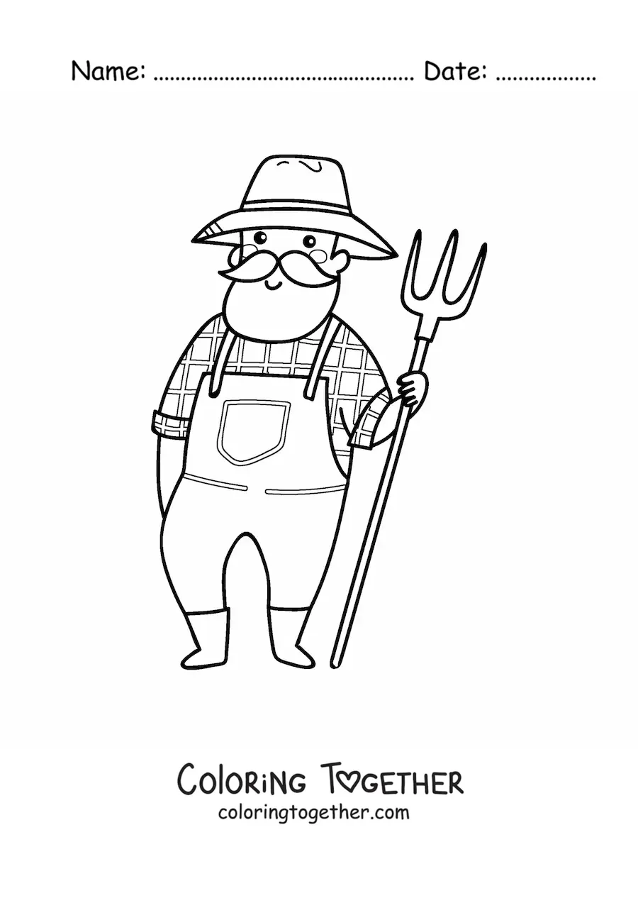 Coloring page of an animated peasant farmer with a pitchfork