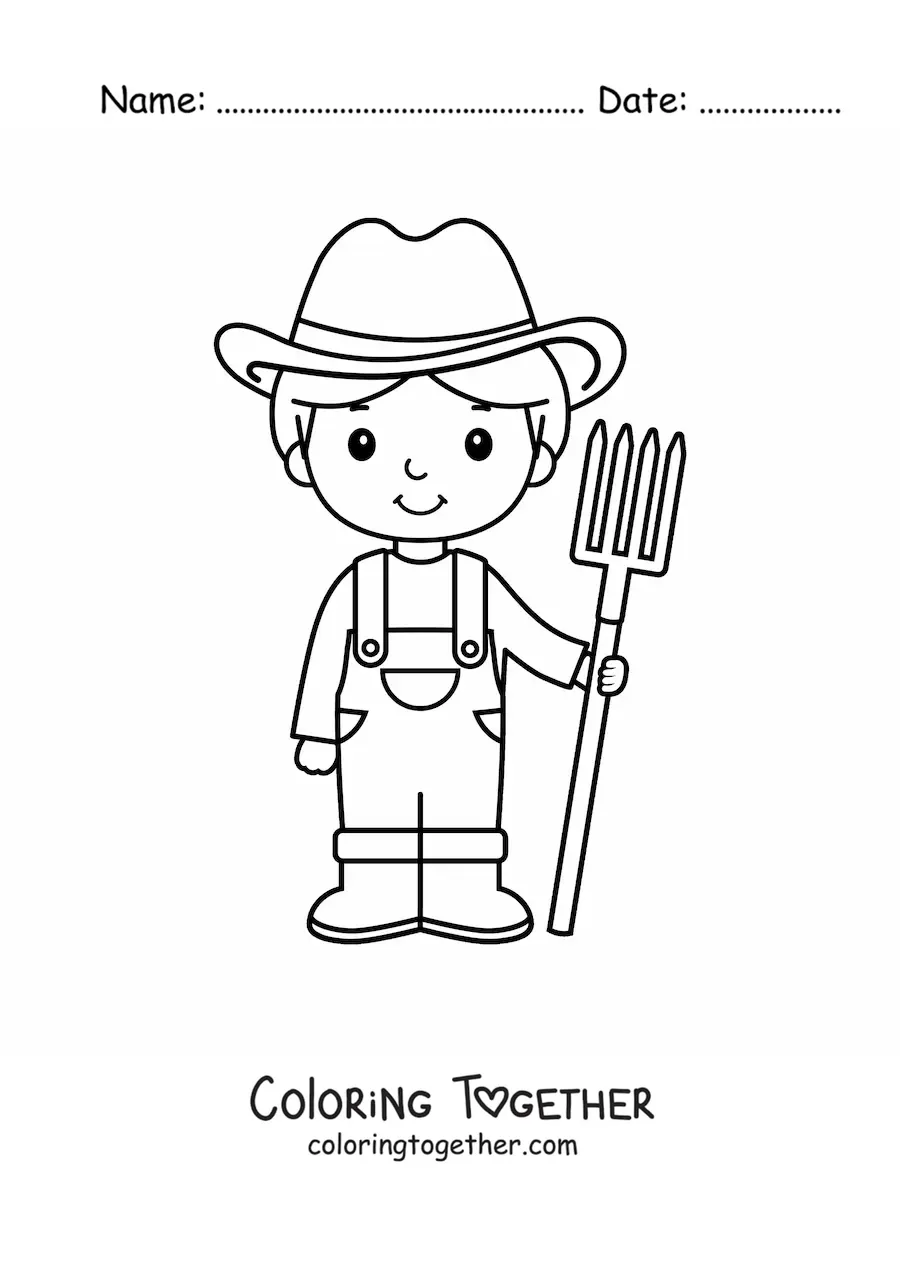 Coloring page of a cute cartoon boy farmer with a pitchfork