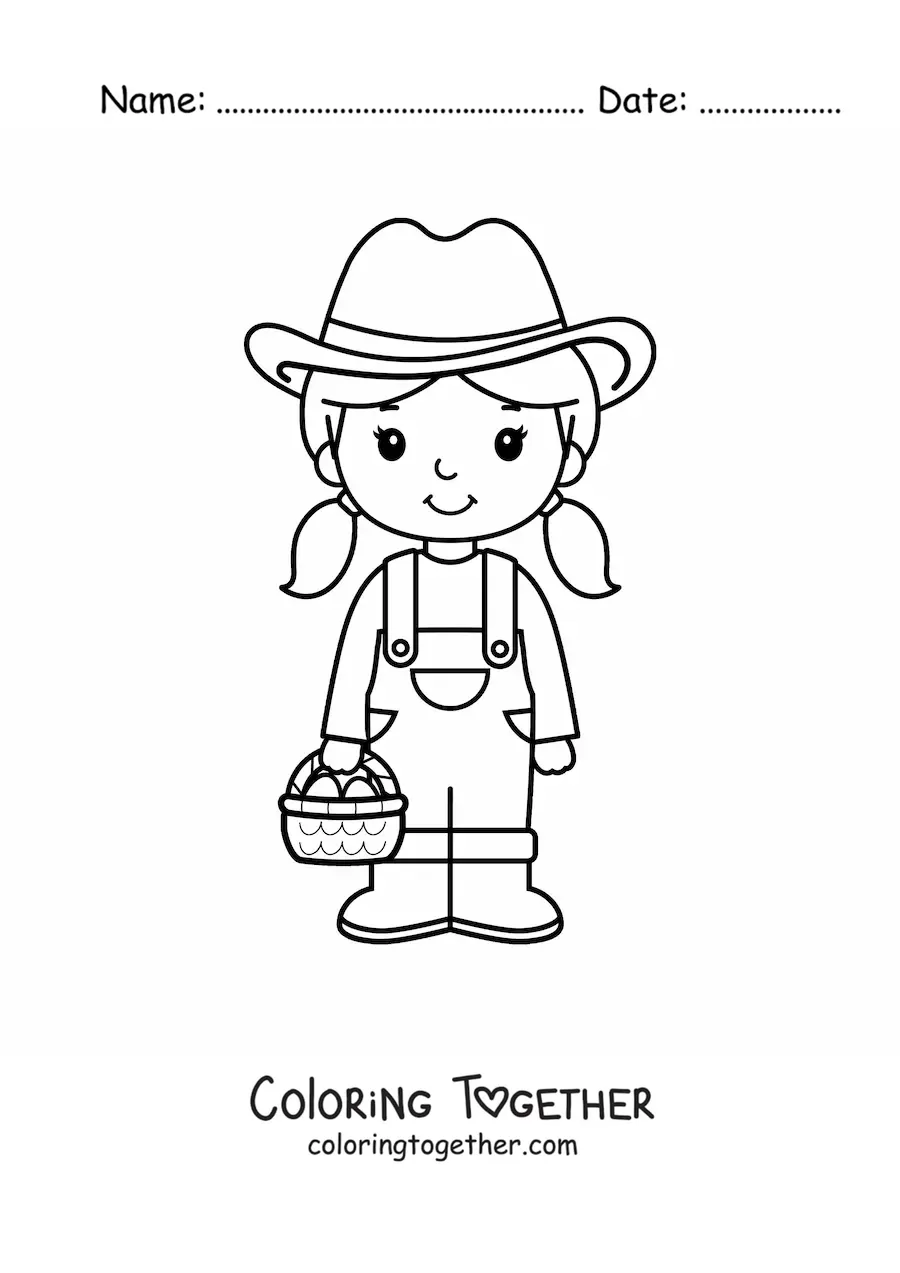 Coloring page of a cute cartoon girl farmer with a pitchfork