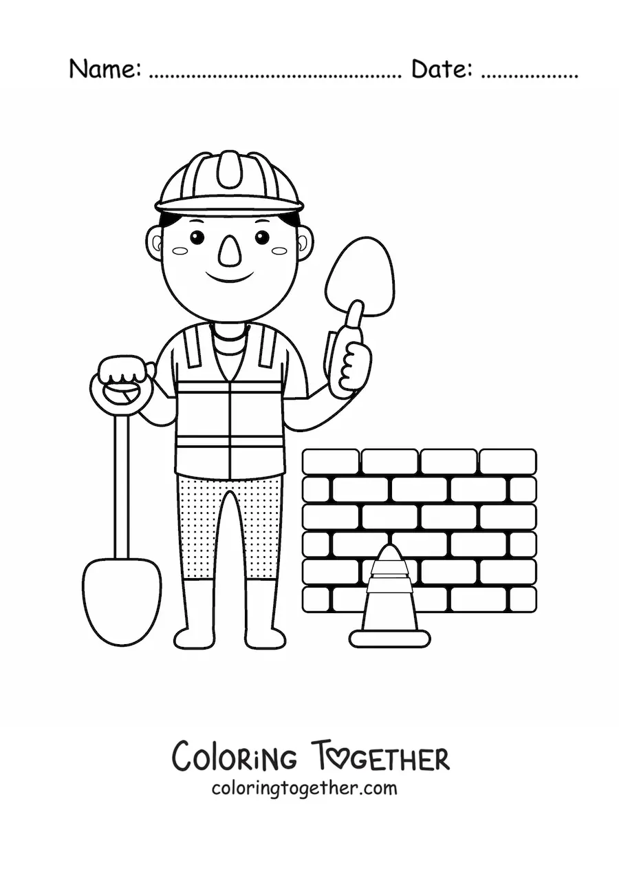 Coloring page of a bricklayer working on the construction of a wall