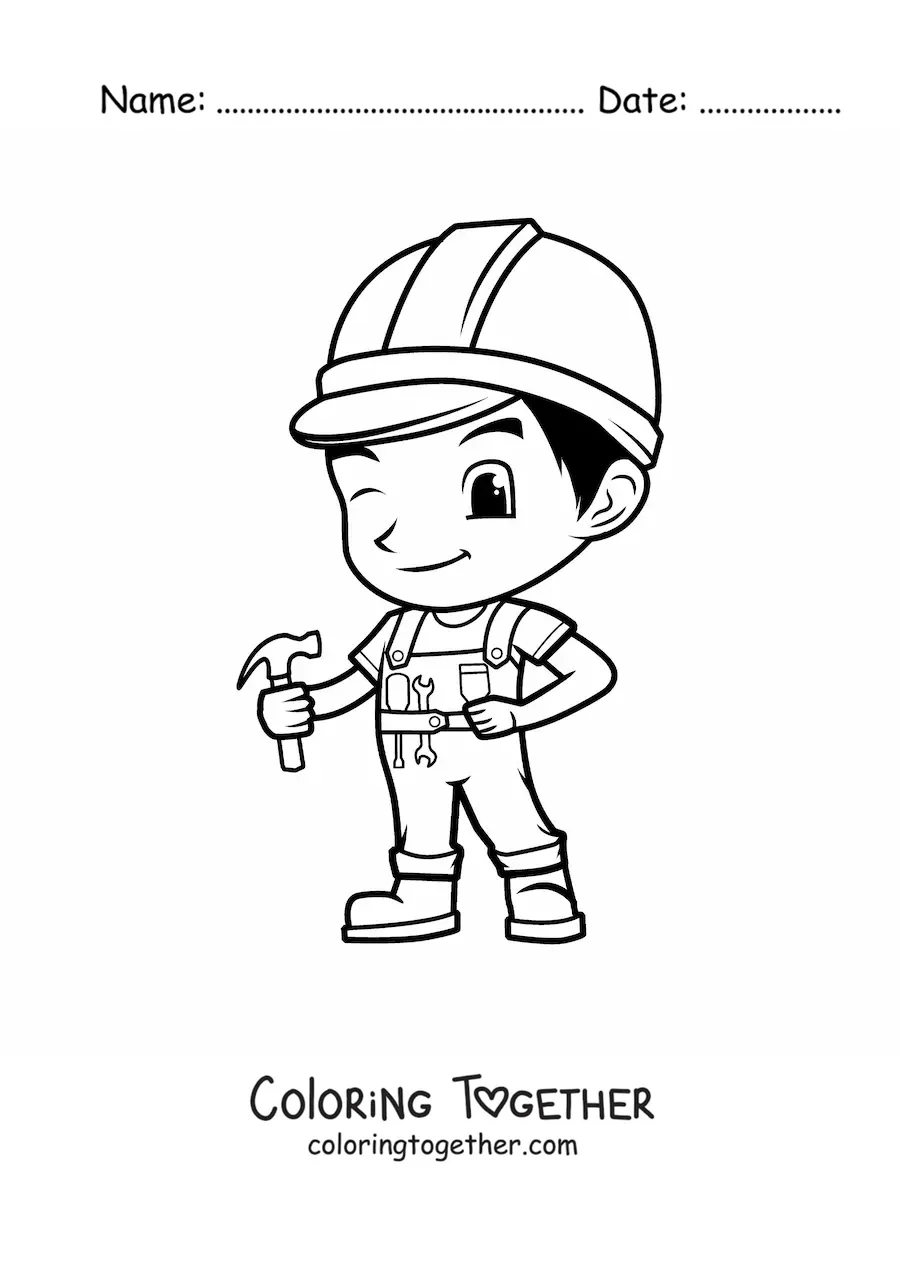 Coloring page of a cute kawaii cartoon construction worker