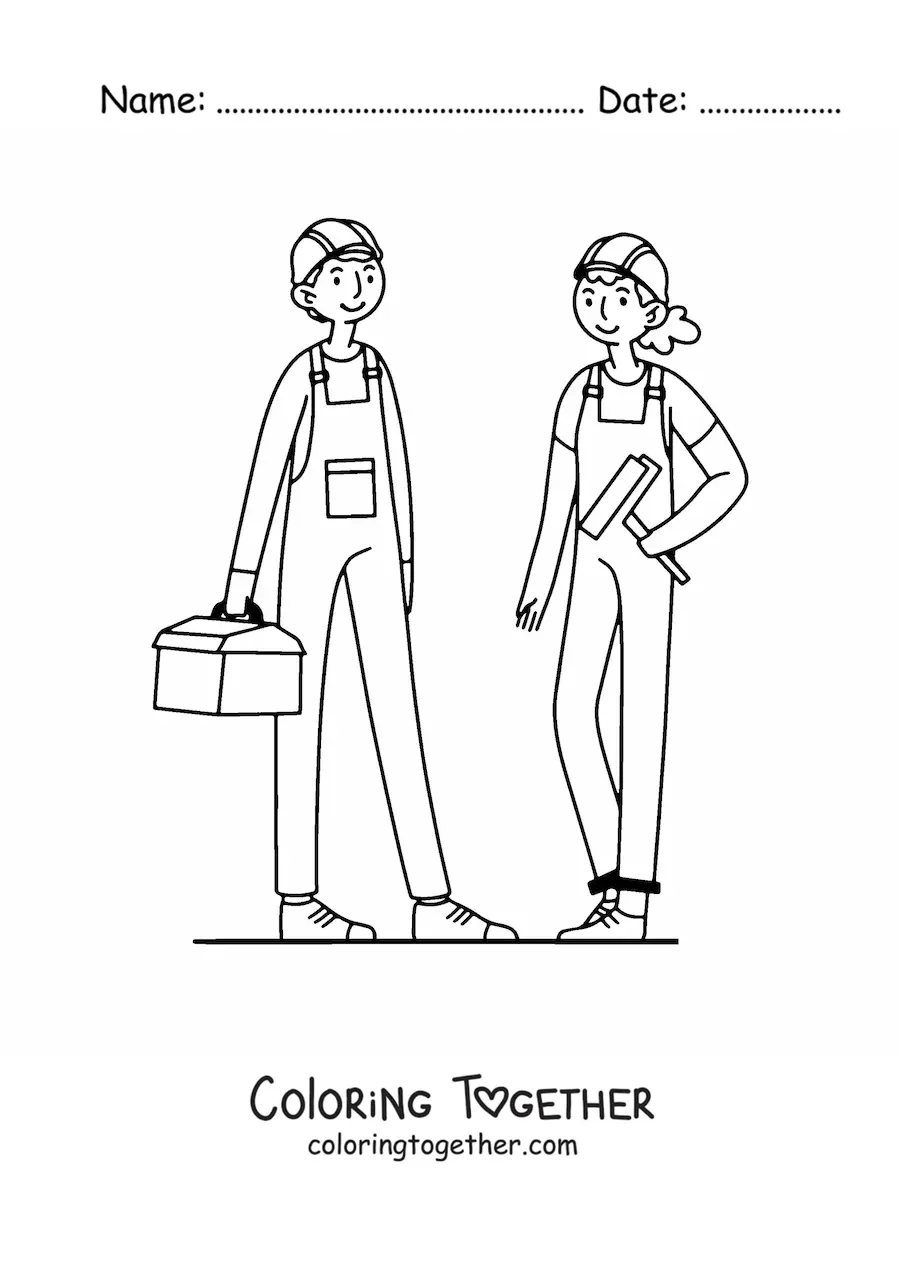 Coloring page of a man and woman who work as bricklayers