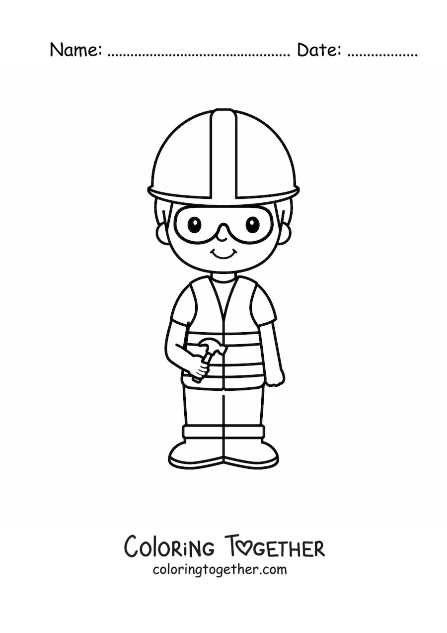 Coloring page of a cute kawaii boy bricklayer with a helmet and a hammer