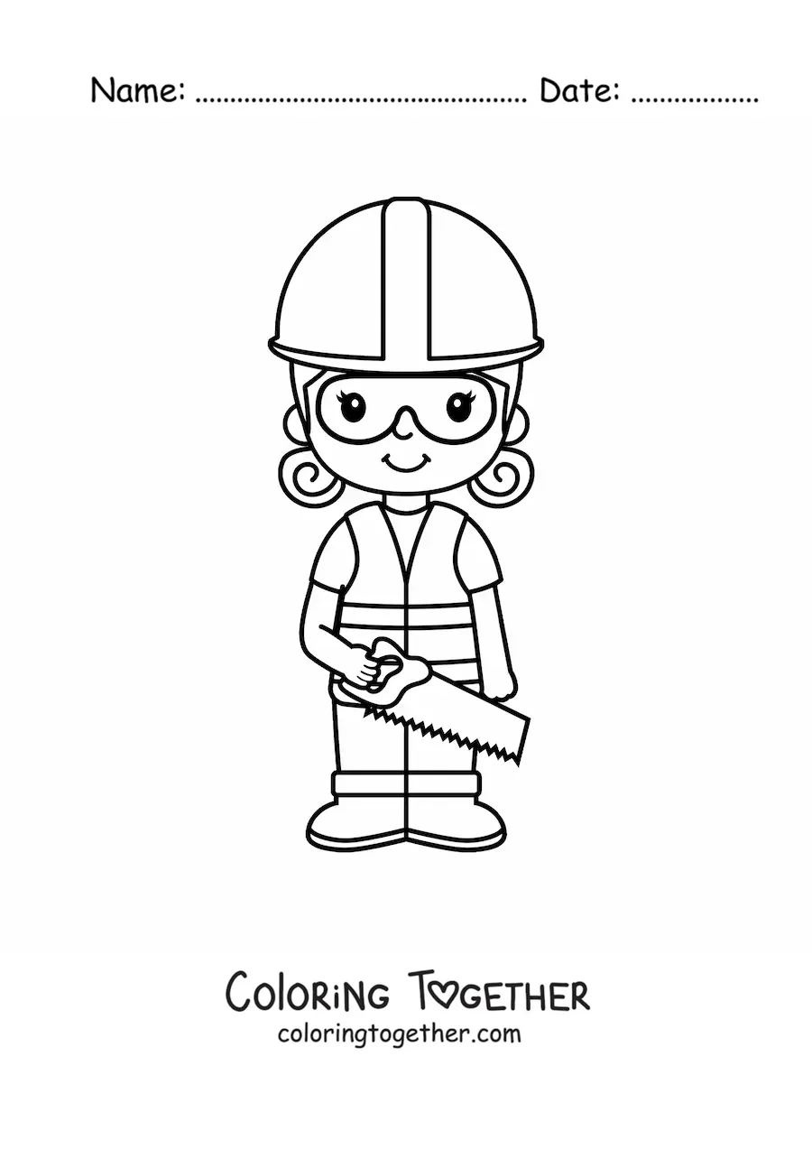 Coloring page of a cute kawaii girl bricklayer with a helmet and a saw