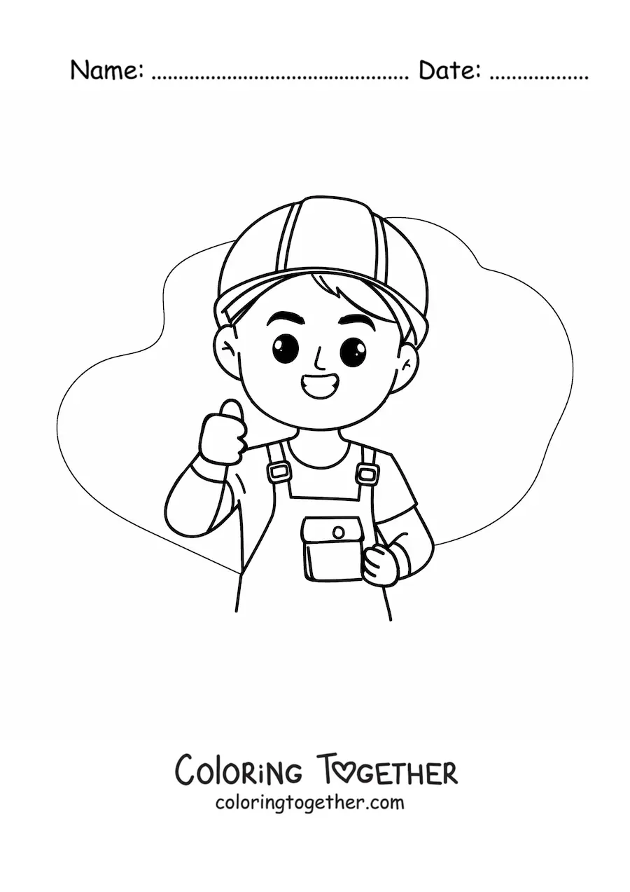 Coloring page of a cute kawaii cartoon construction bricklayer
