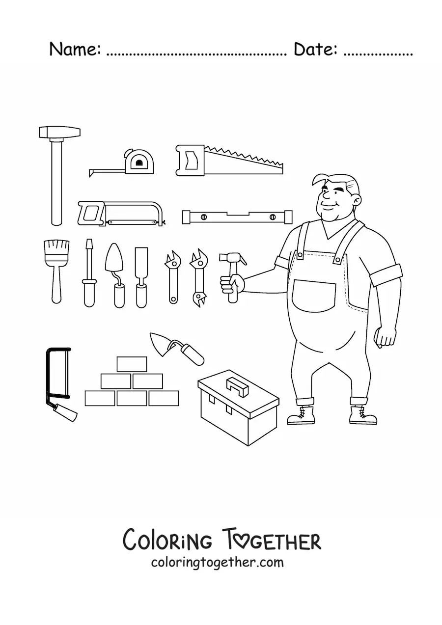 Coloring page of a bricklayer with his construction tools