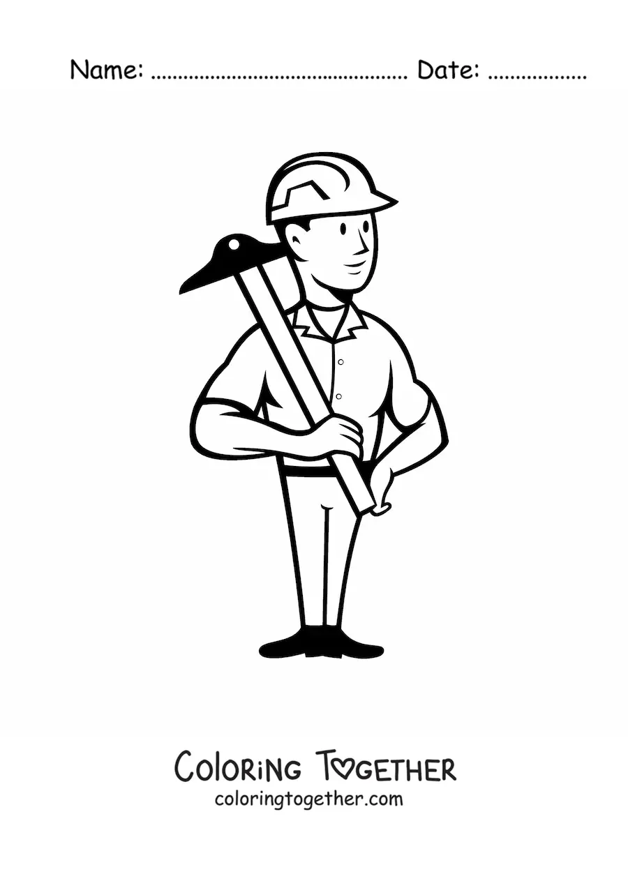Coloring page of a construction worker with a pickaxe
