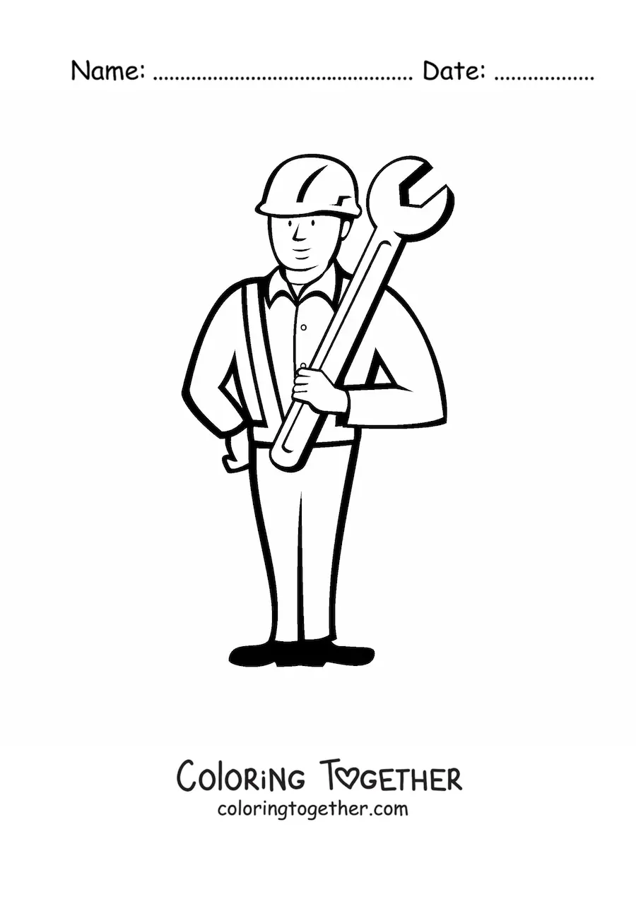 Coloring page of a construction worker with a wrench