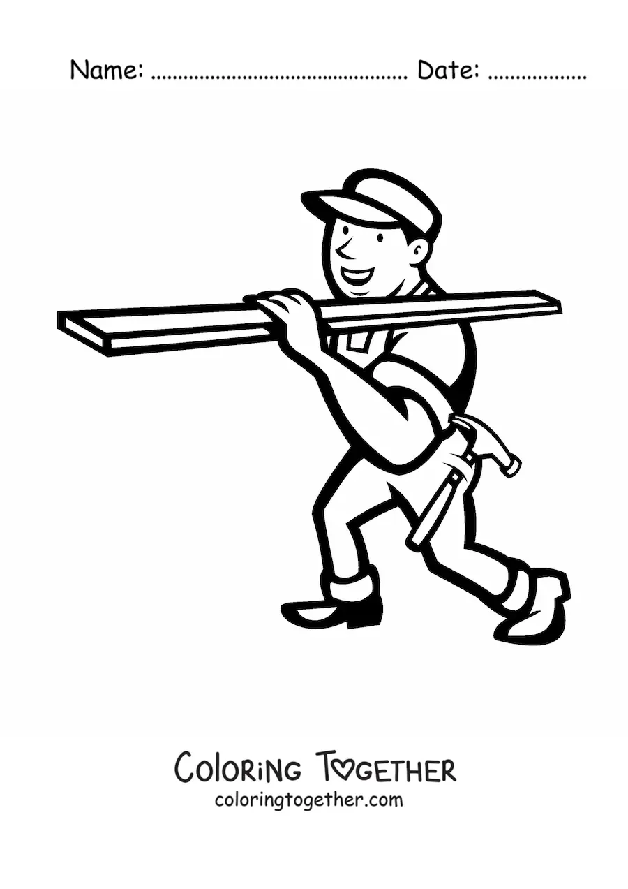 Coloring page of a construction worker with a board and a hammer