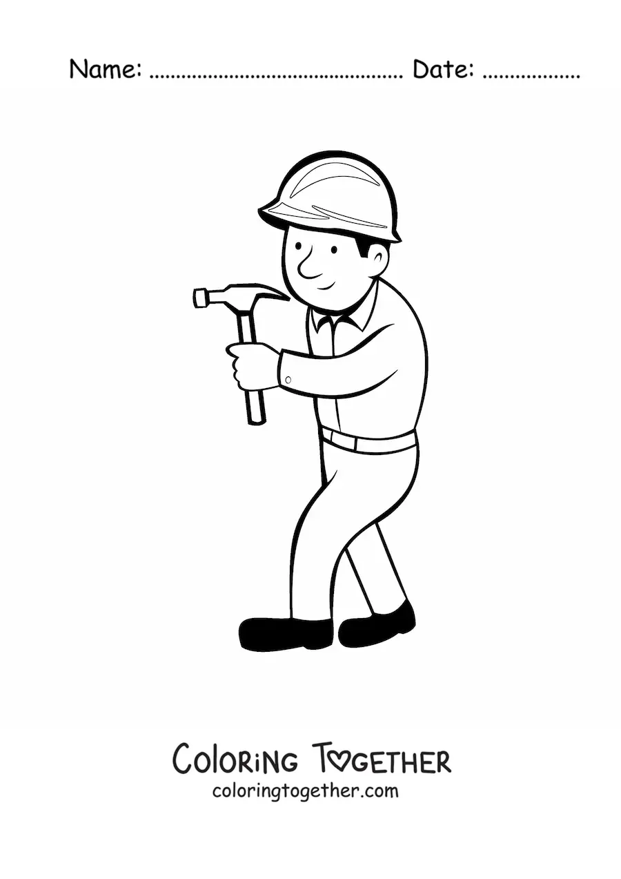 Coloring page of a construction worker with a hammer