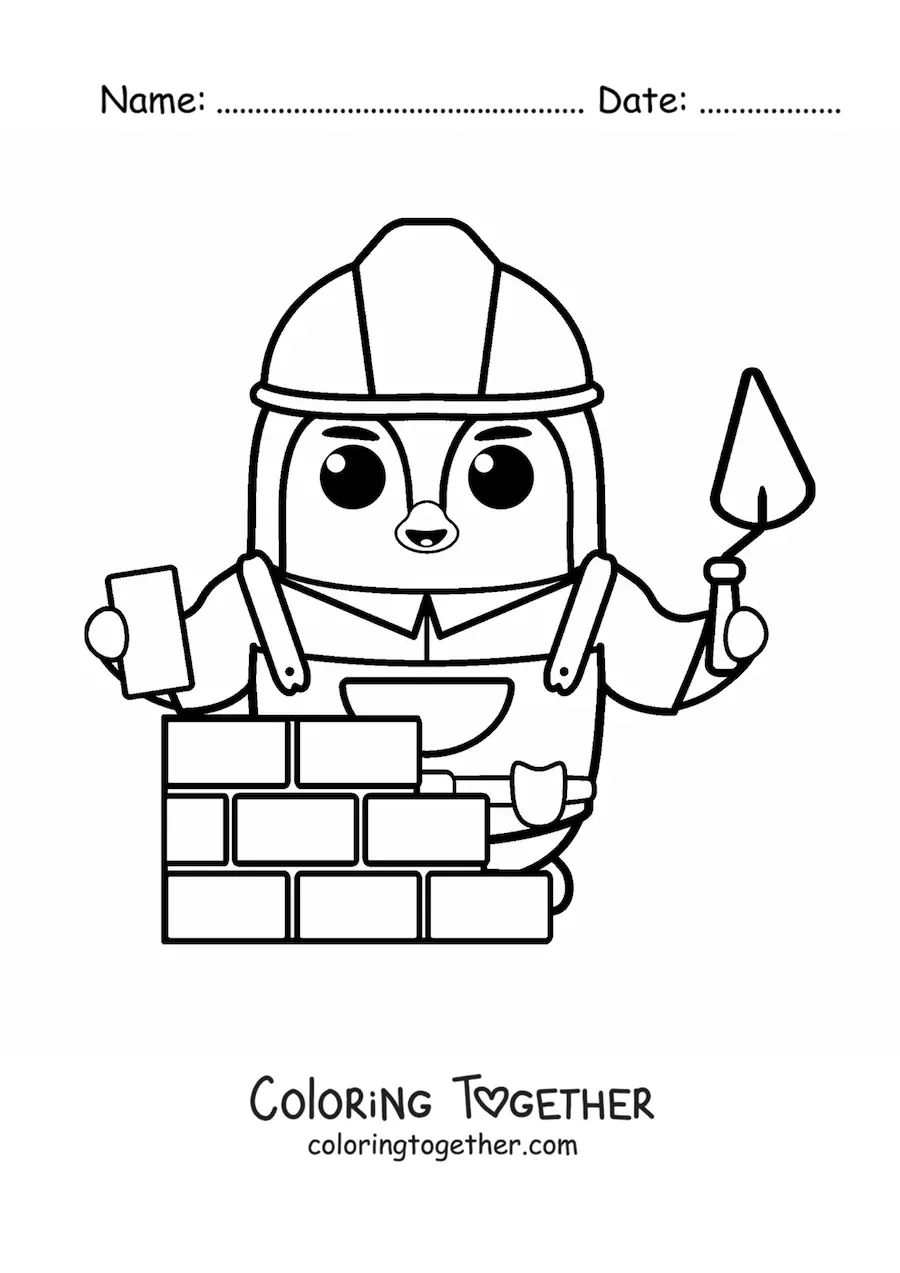 Coloring page of a penguin bricklayer building a wall with bricks and cement