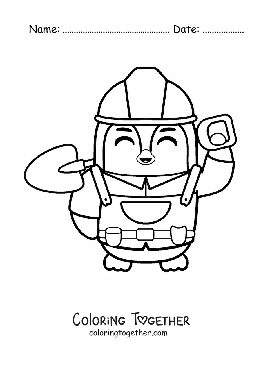 Coloring page of a kawaii cartoon penguin bricklayer with a shovel