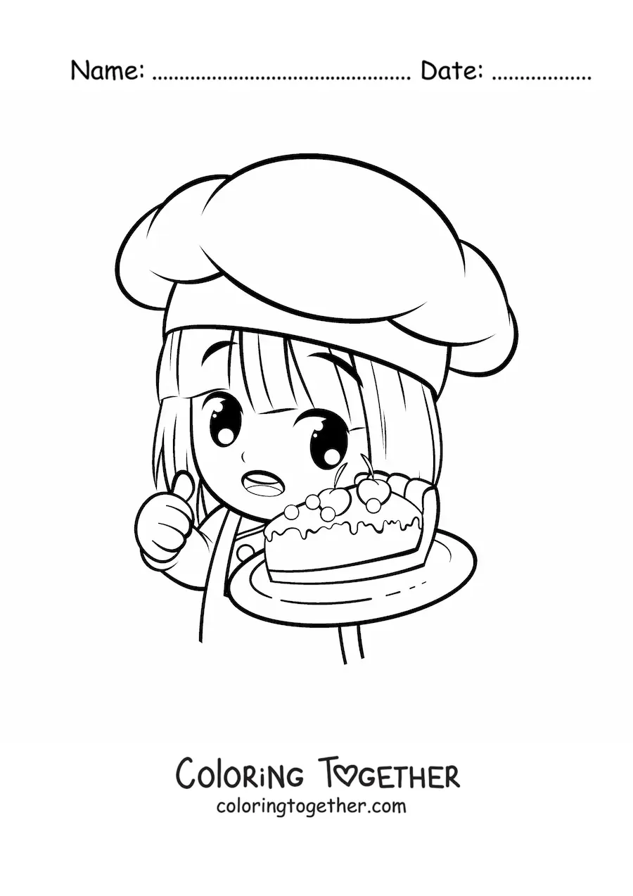 Coloring page of a kawaii cartoon girl pastry chef with a slice of cake