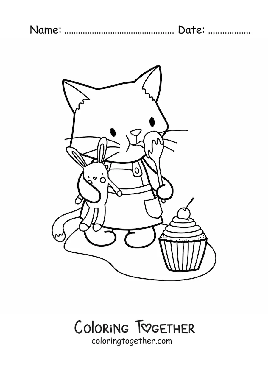 Coloring page of a kawaii cartoon pastry kitten with a cupcake