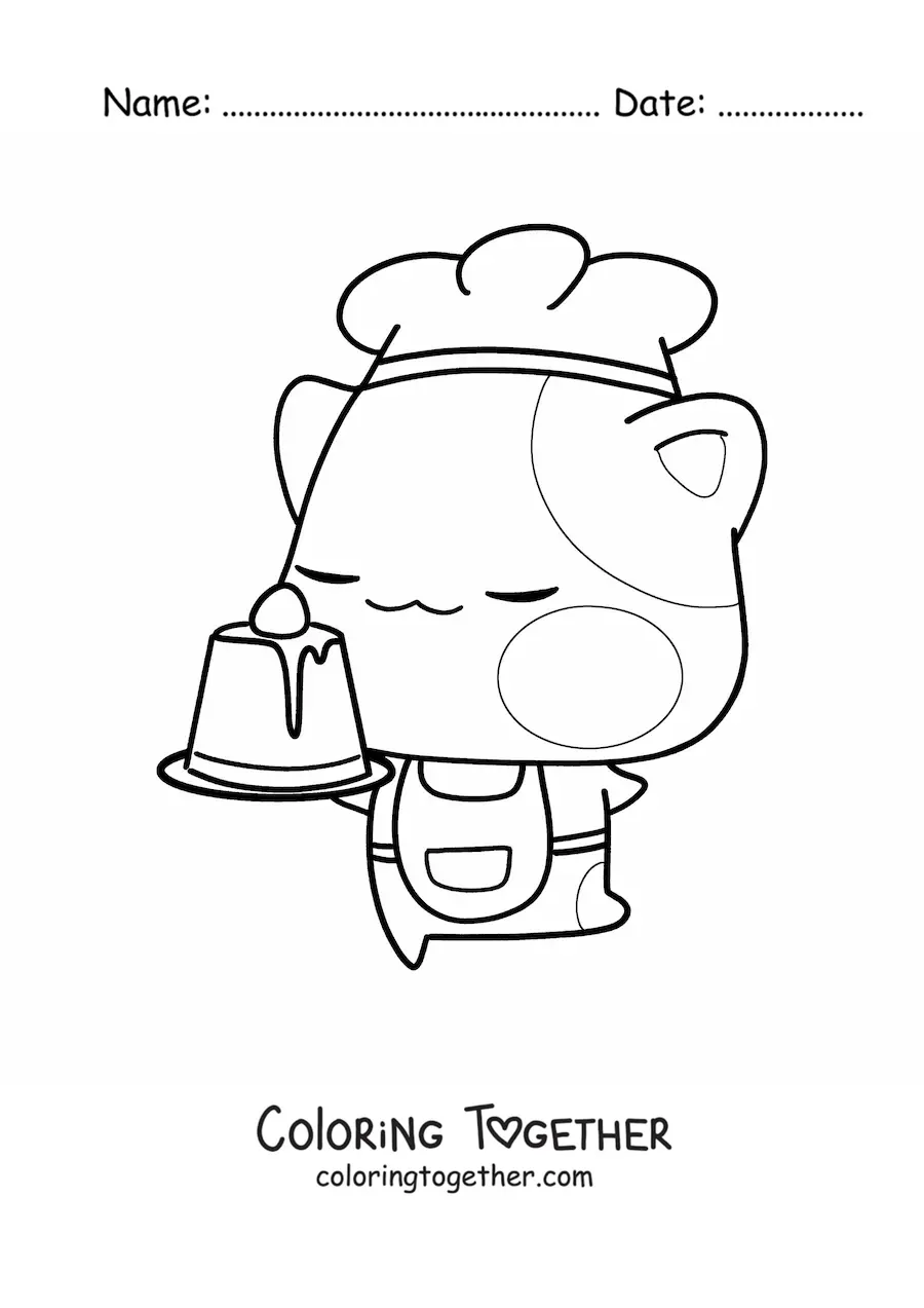 Coloring page of a kawaii cartoon pastry kitten with a dessert