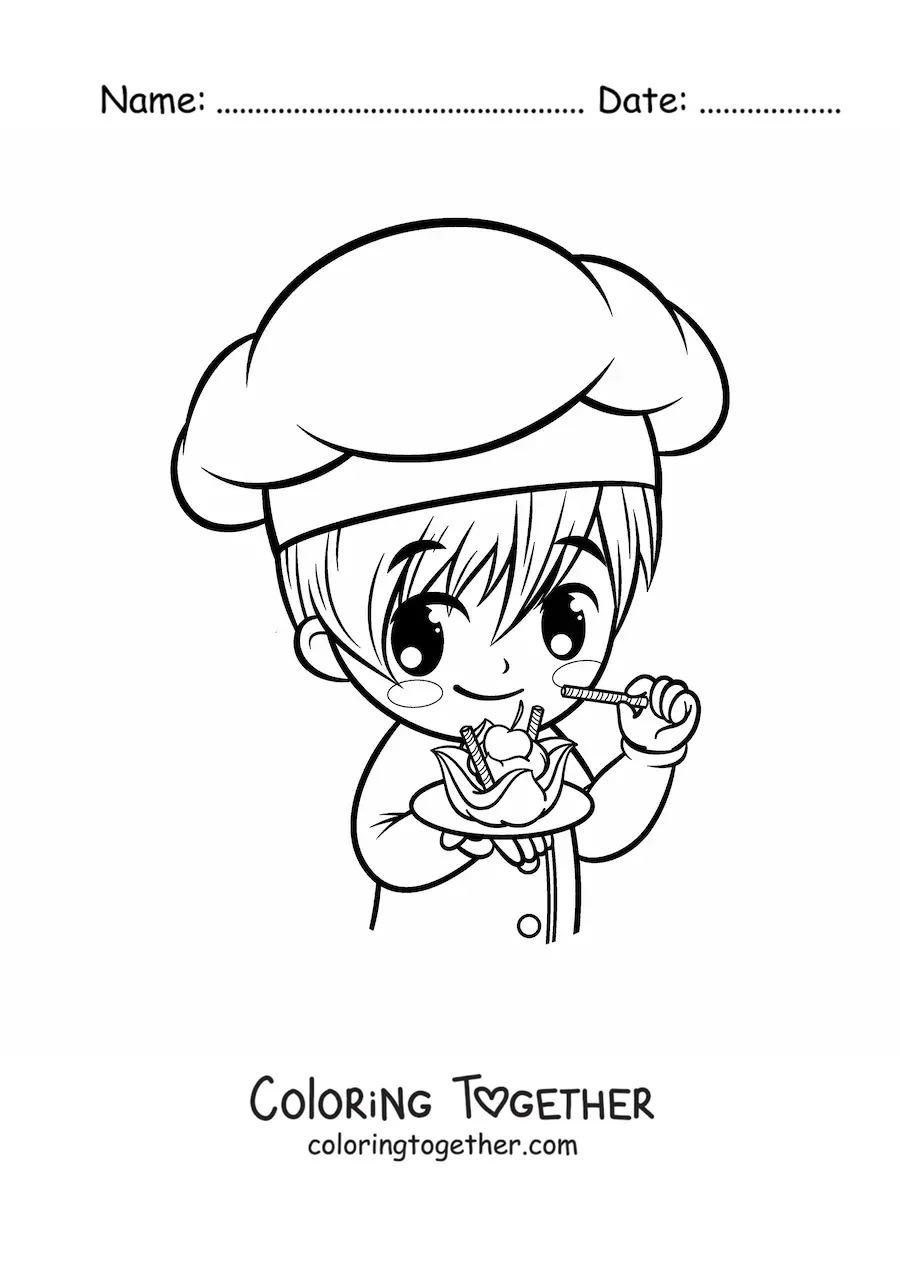 Coloring page of a kawaii cartoon boy pastry chef with a dessert