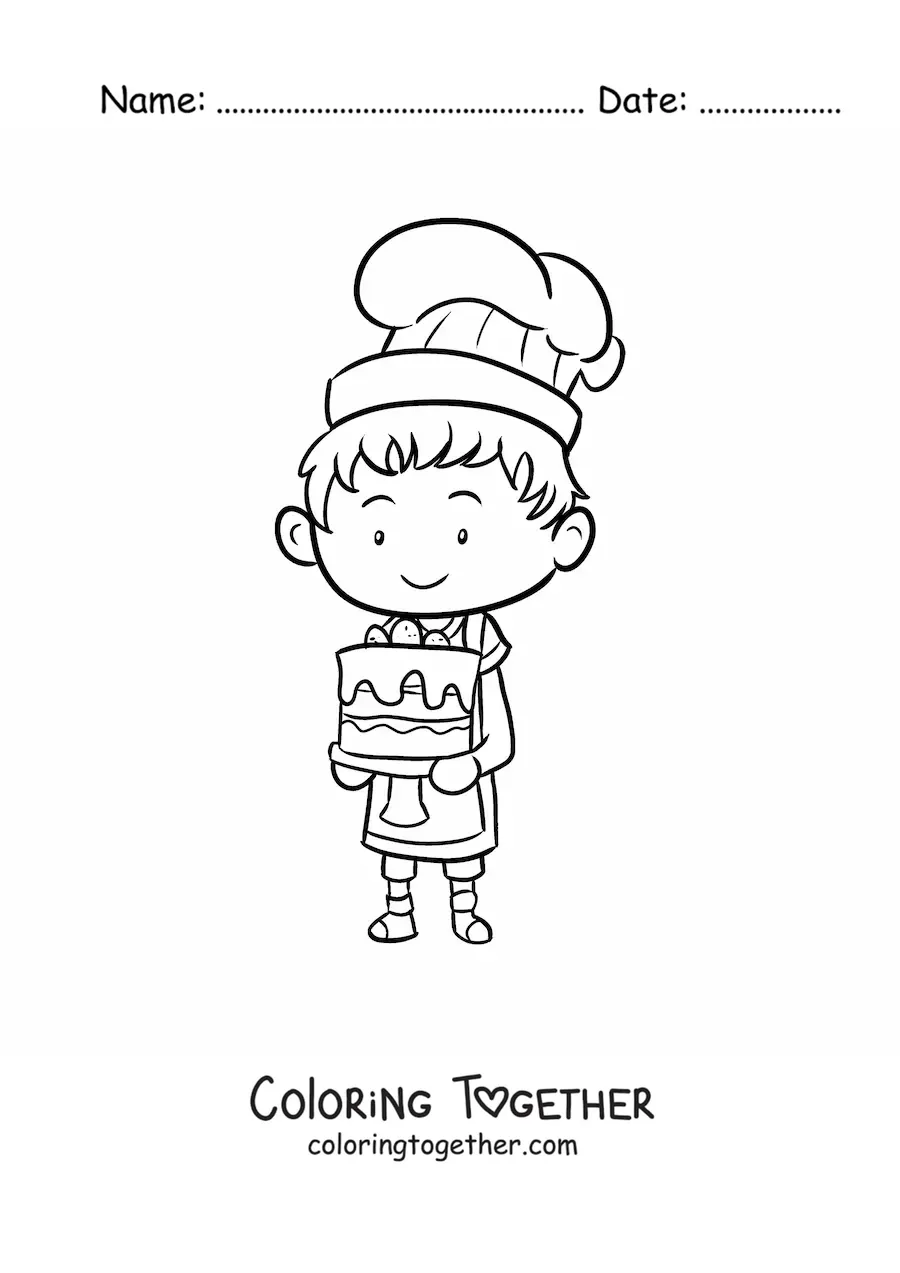 Coloring page of a kawaii cartoon pastry boy with a cake