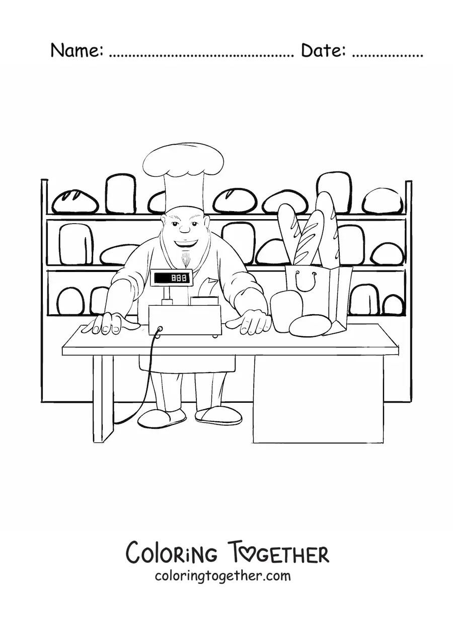 Coloring page of a pastry chef and baker at the bakery