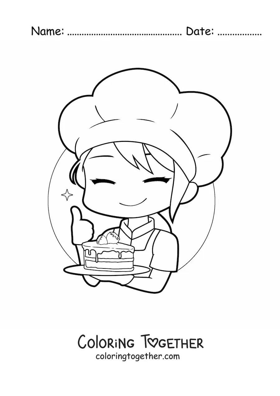 Coloring page of a kawaii pastry girl with a slice of cake