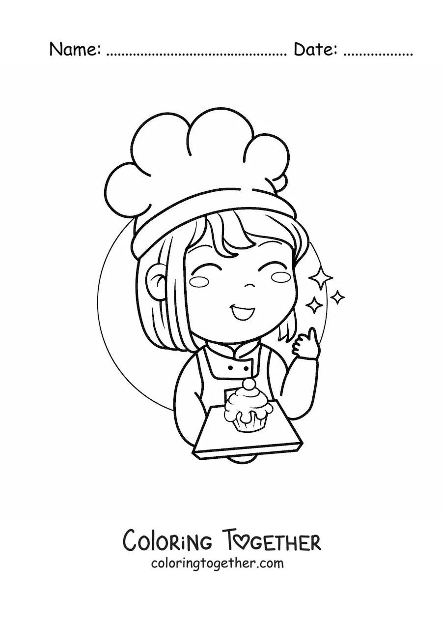 Coloring page of a kawaii pastry girl with a cupcake