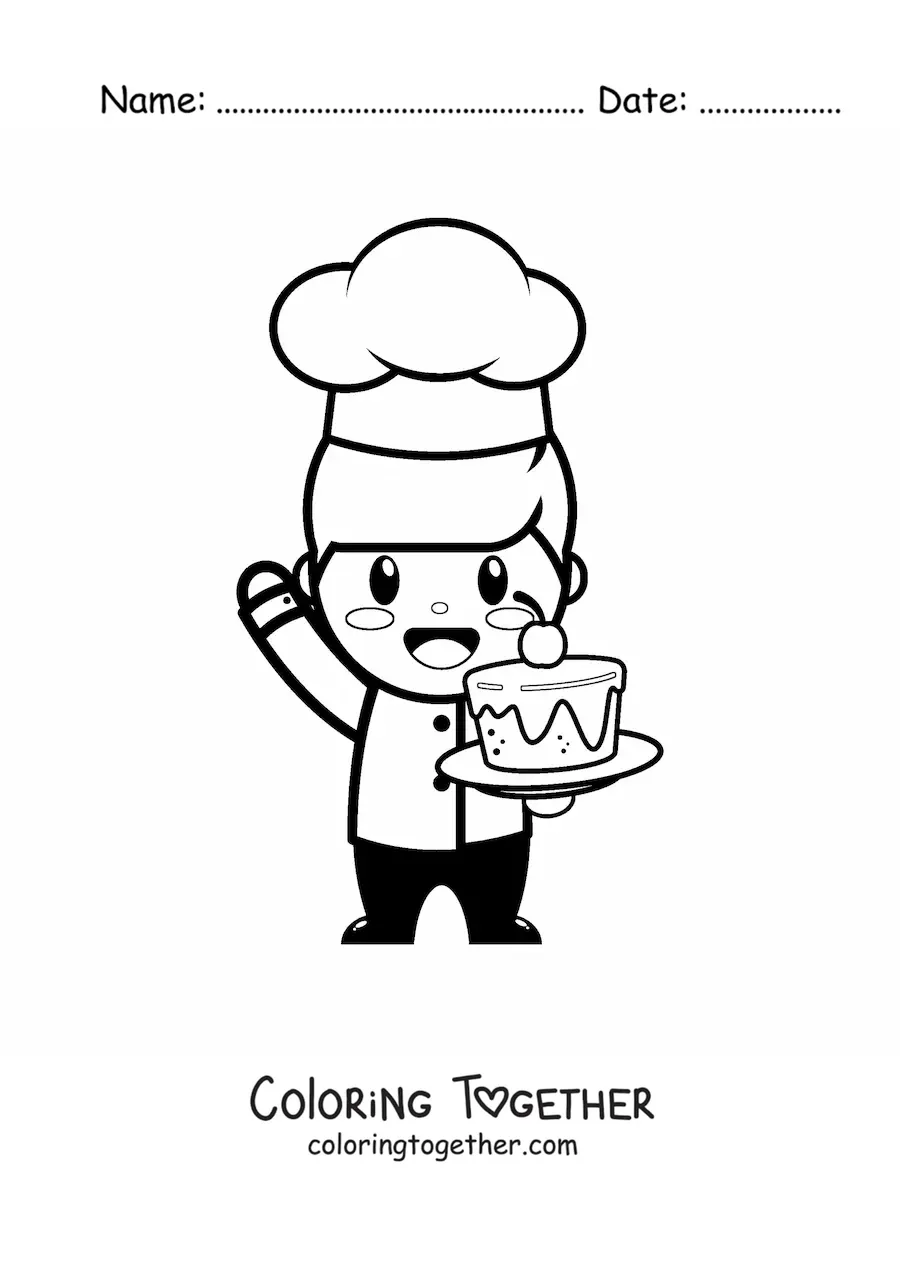 Coloring page of an easy kawaii pastry chef with a cake