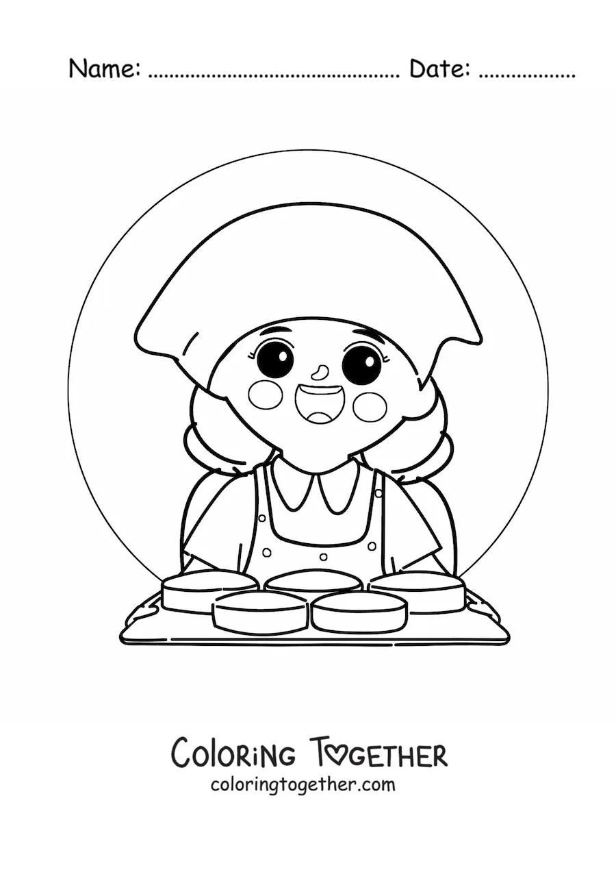 Coloring page of a girl who works as a pastry chef holding a tray of cakes