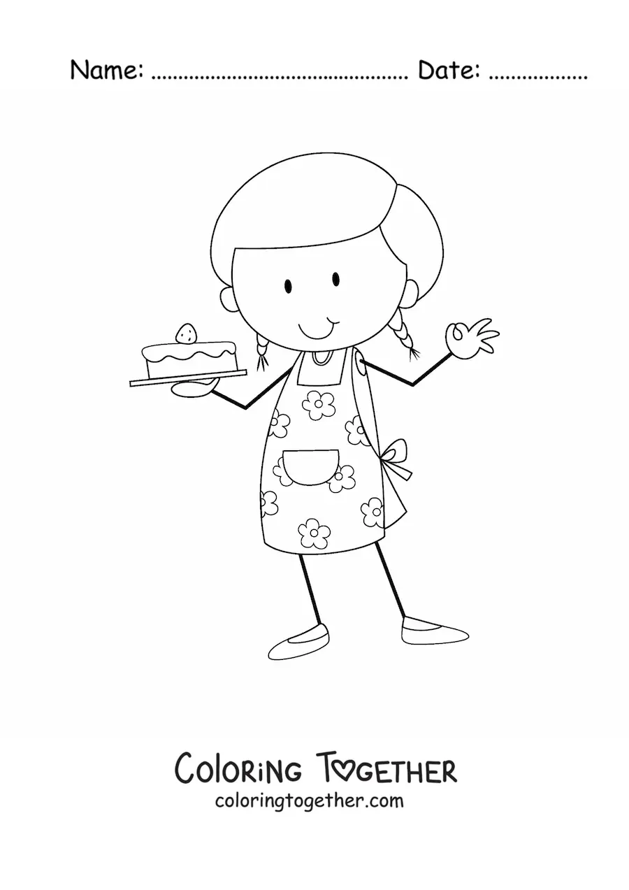 Coloring page of a little girl who works as a pastry chef with a cake