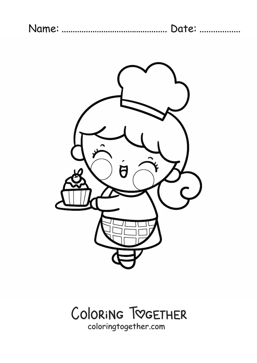 Coloring page of a kawaii pastry girl with a cupcake