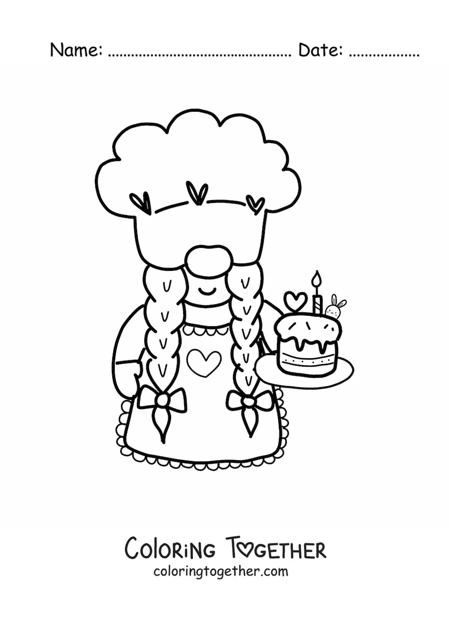 Coloring page of a kawaii pastry gnome with a birthday cake
