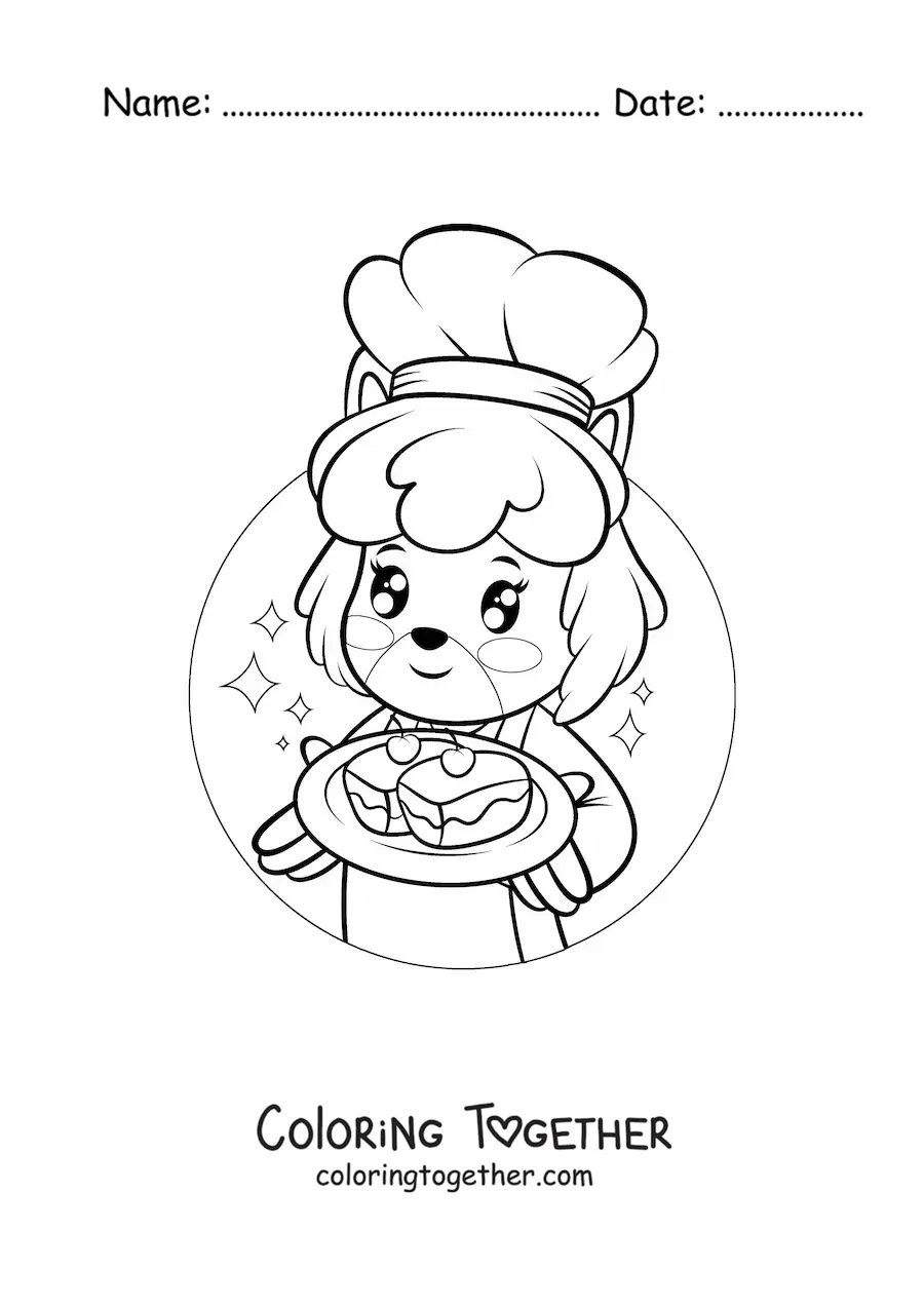 Coloring page of a kawaii cartoon pastry dog with a sweet treat