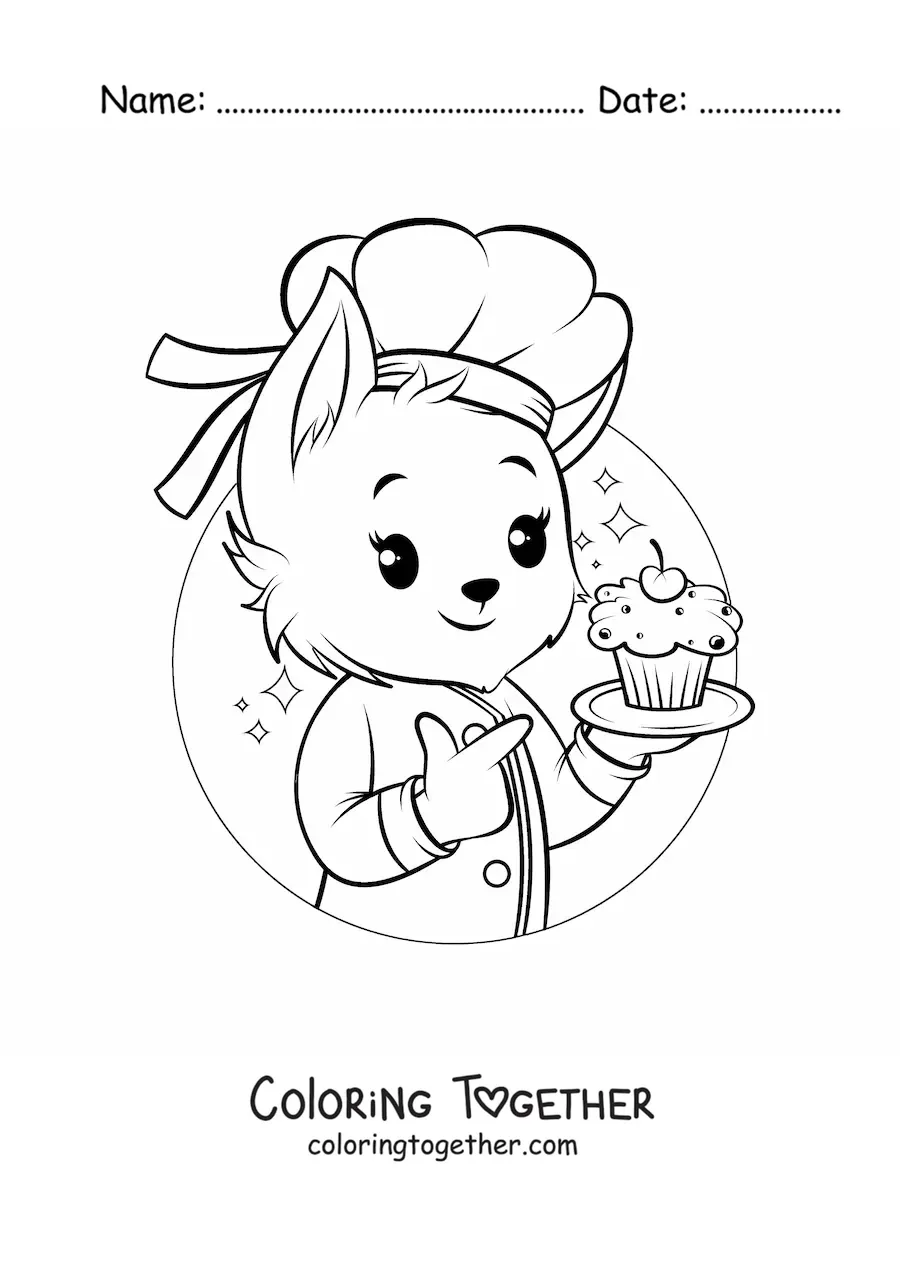 Coloring page of a kawaii cartoon pastry dog with a cupcake