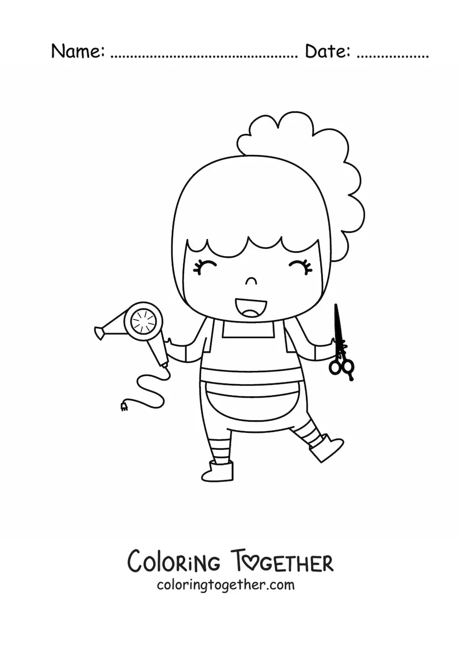 Coloring page of a kawaii hairstylist with a hairdryer and a pair of scissors