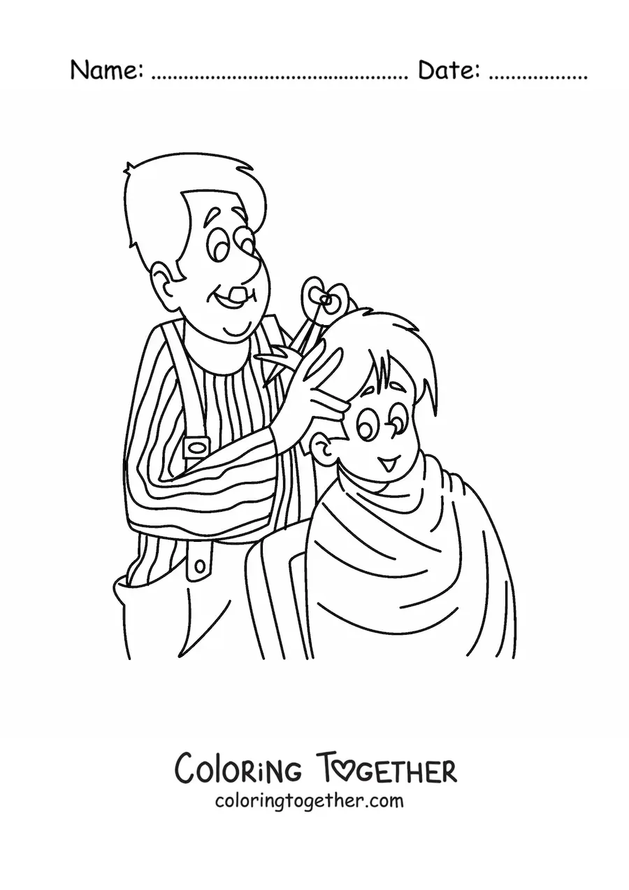 Coloring page of a barber giving a boy a haircut
