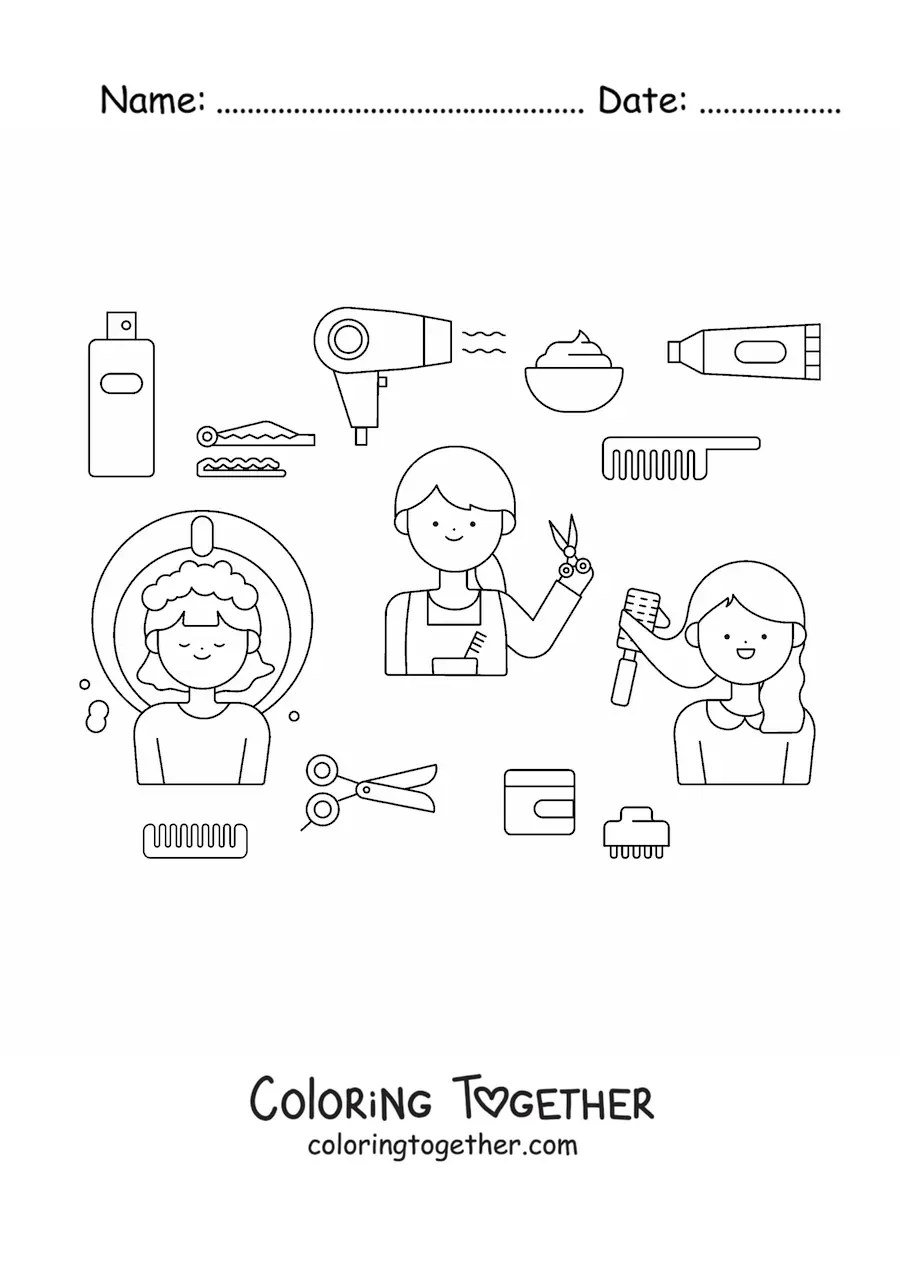 Coloring page of the hairdresser job and its tools