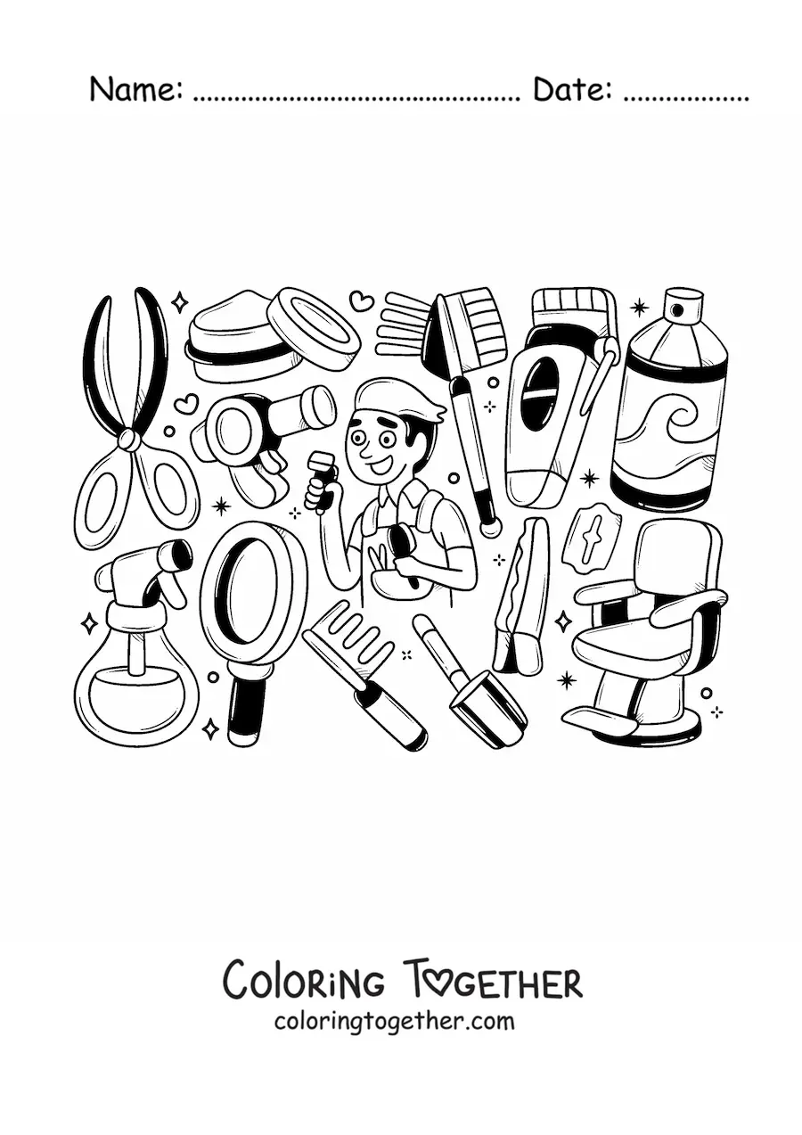 Coloring page of the barber job with his chair and tools