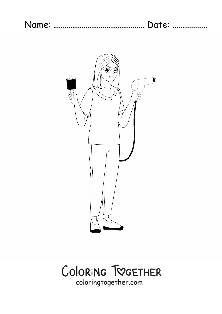 Coloring page of a hairdresser with a comb and a hairdryer