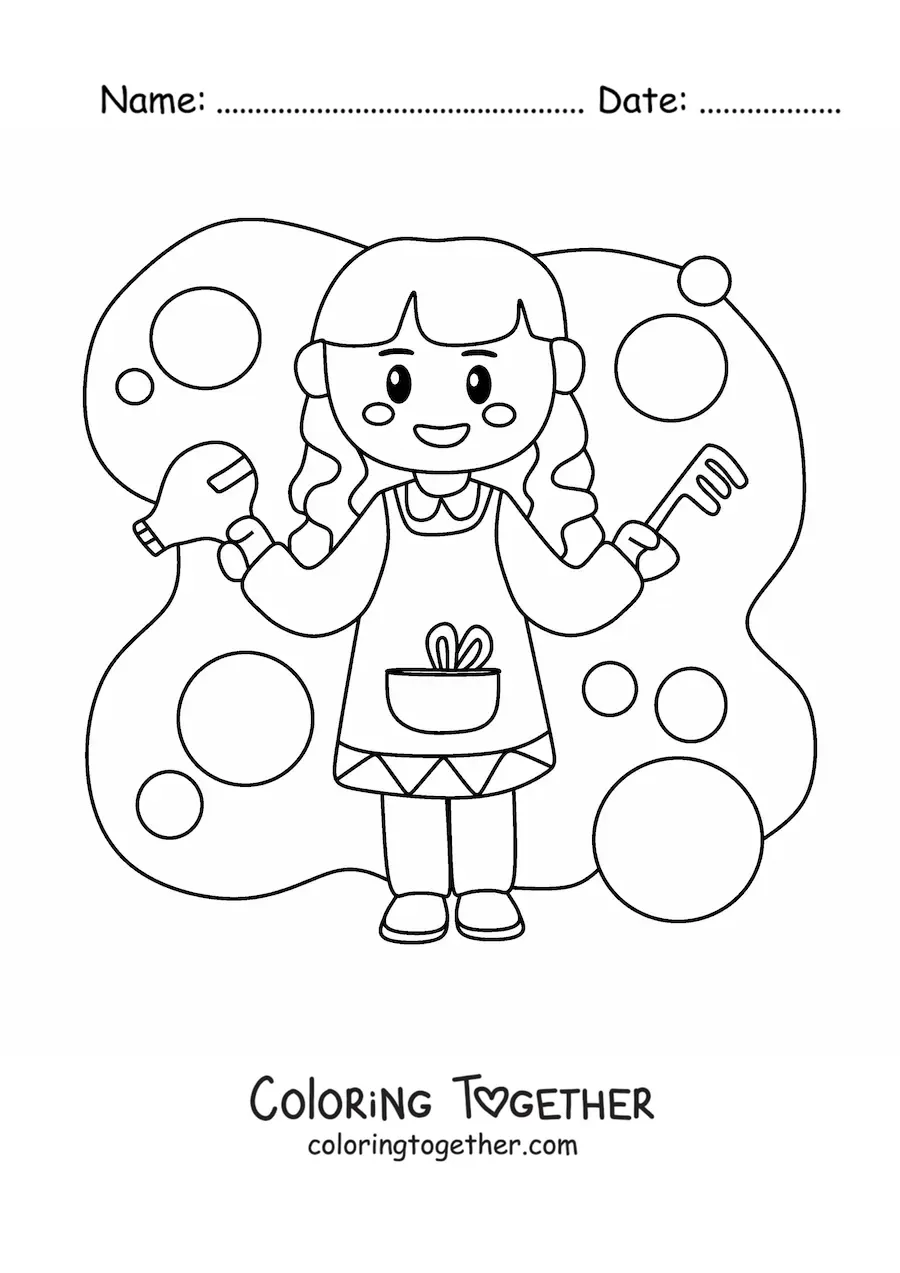 Coloring page of a cartoon hairdresser with a comb and a hairdryer