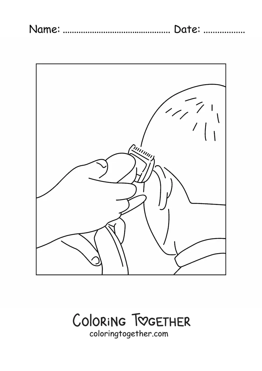 Coloring page of a barber shaving a client with a clipper