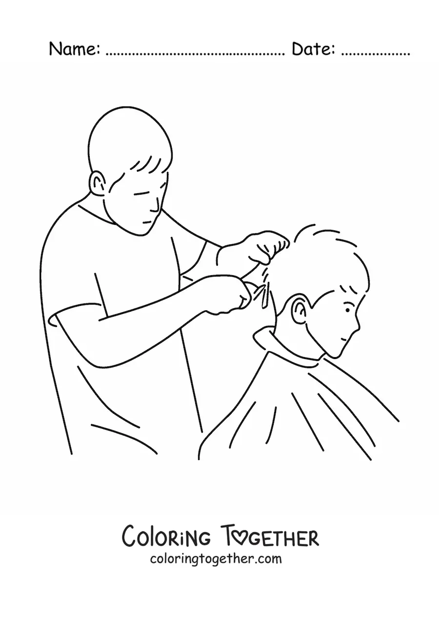 Coloring page of a barber giving a client a haircut