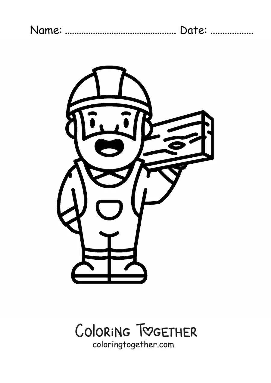 Coloring page of a kawaii carpenter with a wooden board