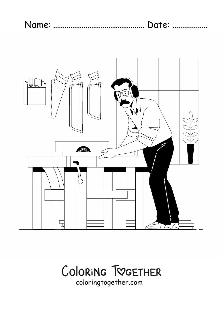 Coloring page of a carpenter cutting wood in the workshop