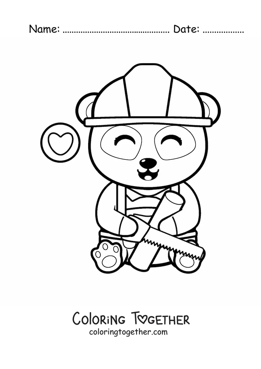 Coloring page of a kawaii panda carpenter cutting wood