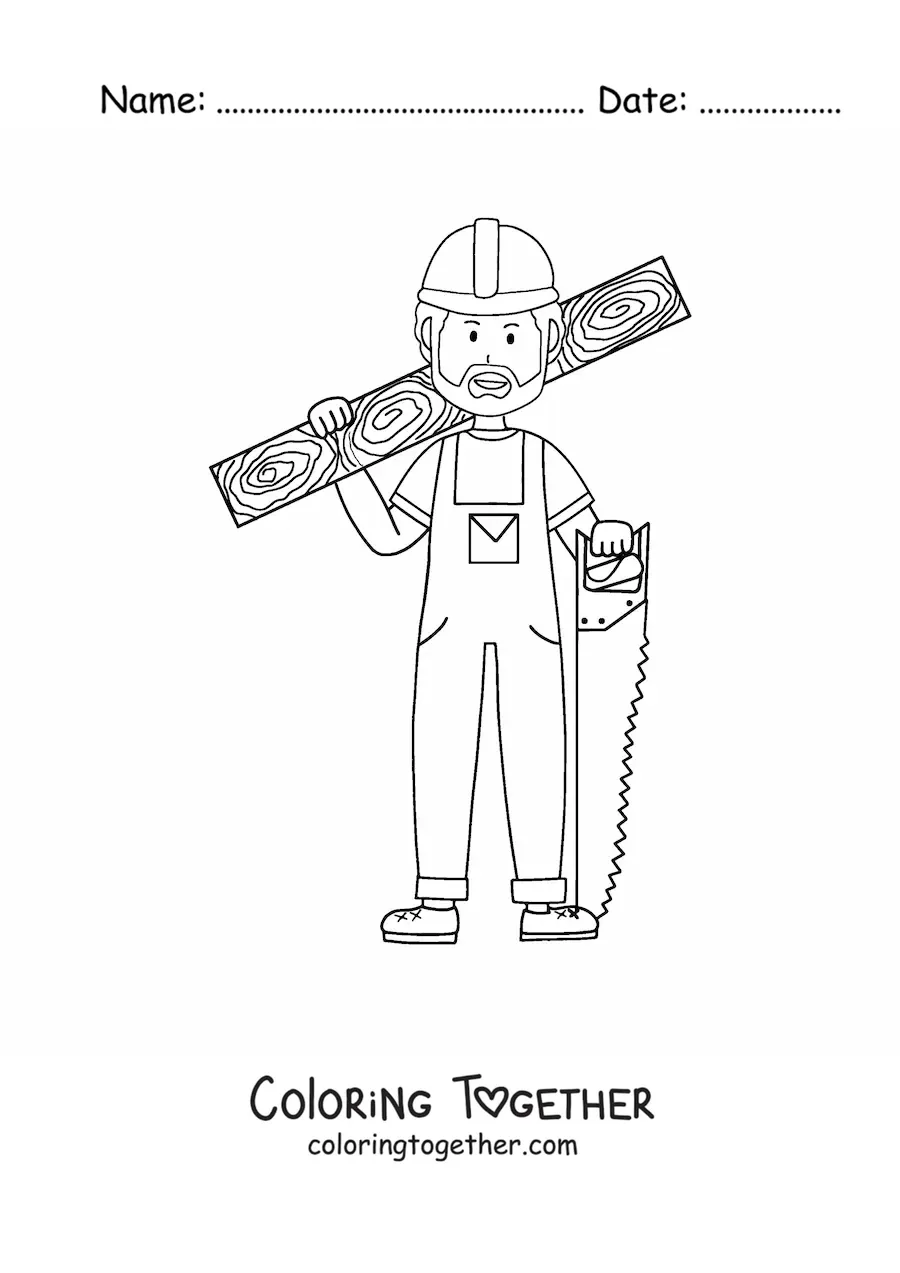 Coloring page of a man who works as a carpenter with a board and a handsaw