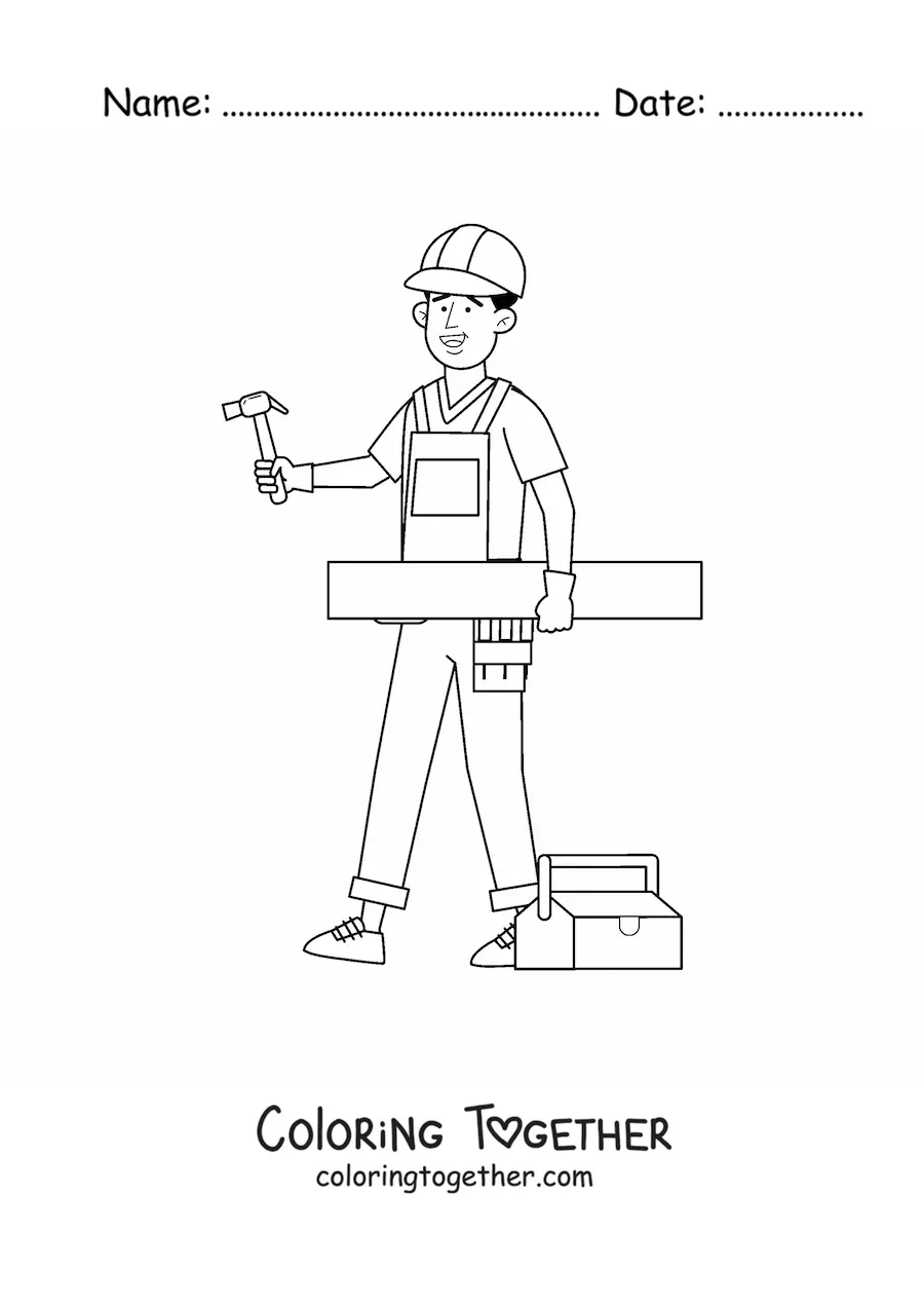 Coloring page of a man who works as a carpenter with his tools