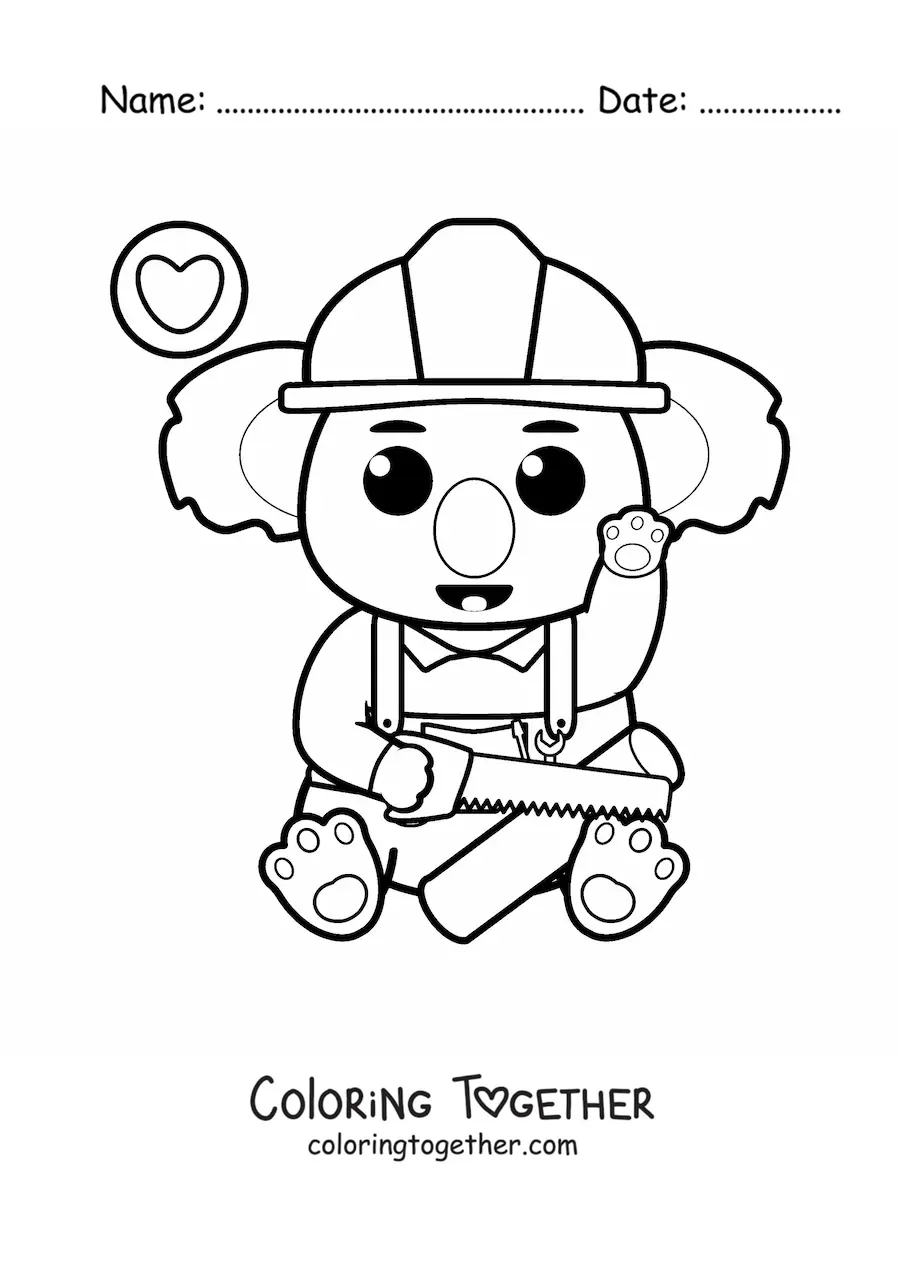 Coloring page of a kawaii koala carpenter cutting wood