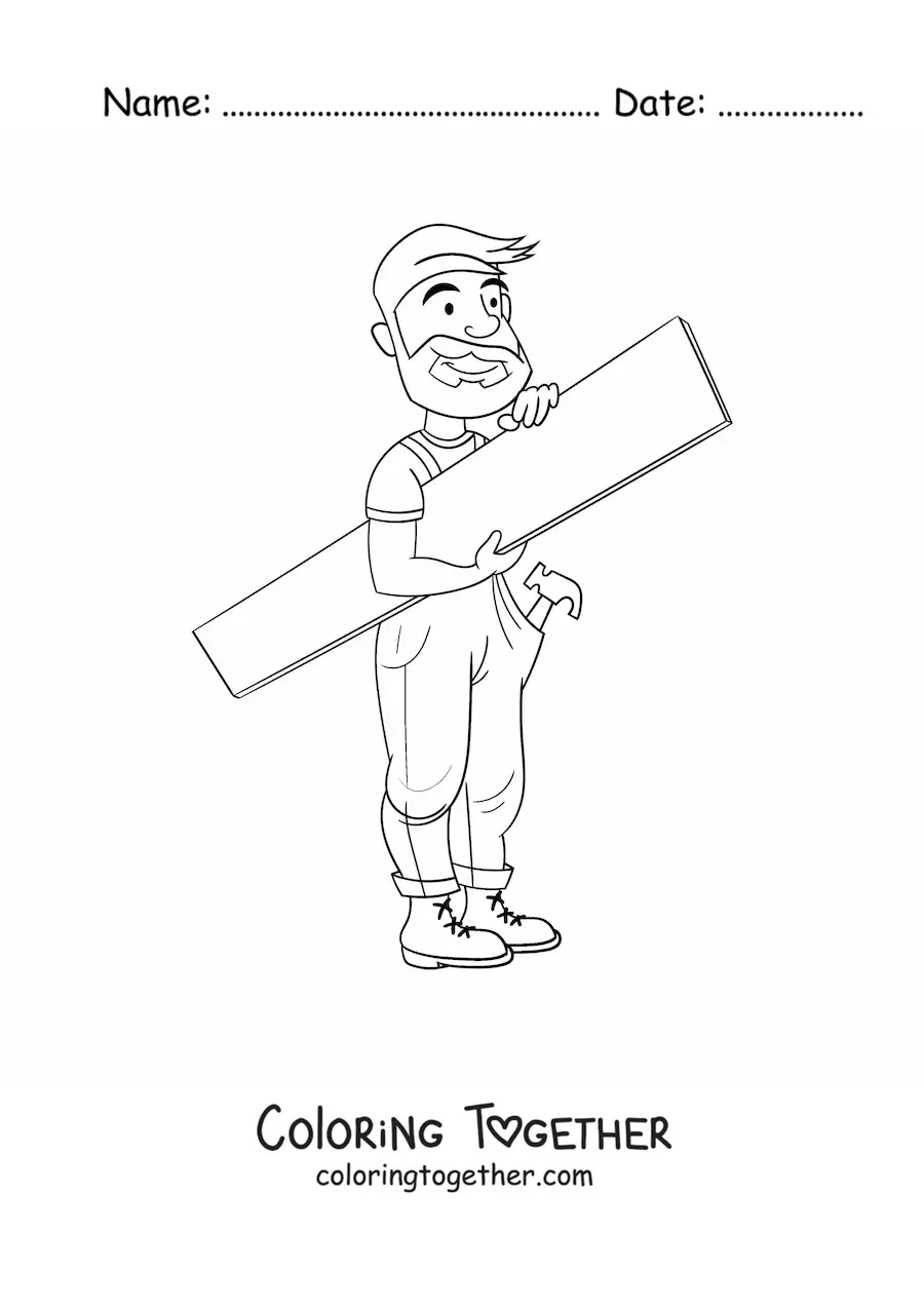 Coloring page of a man who works as a carpenter with a board and a hammer
